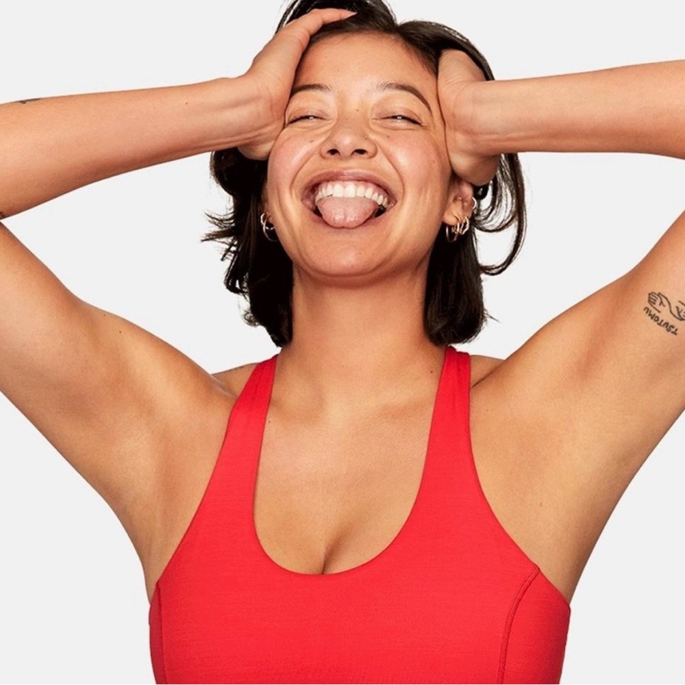 Outdoor Voices red with pink lining cross back sport bra, size S Atleasure gym